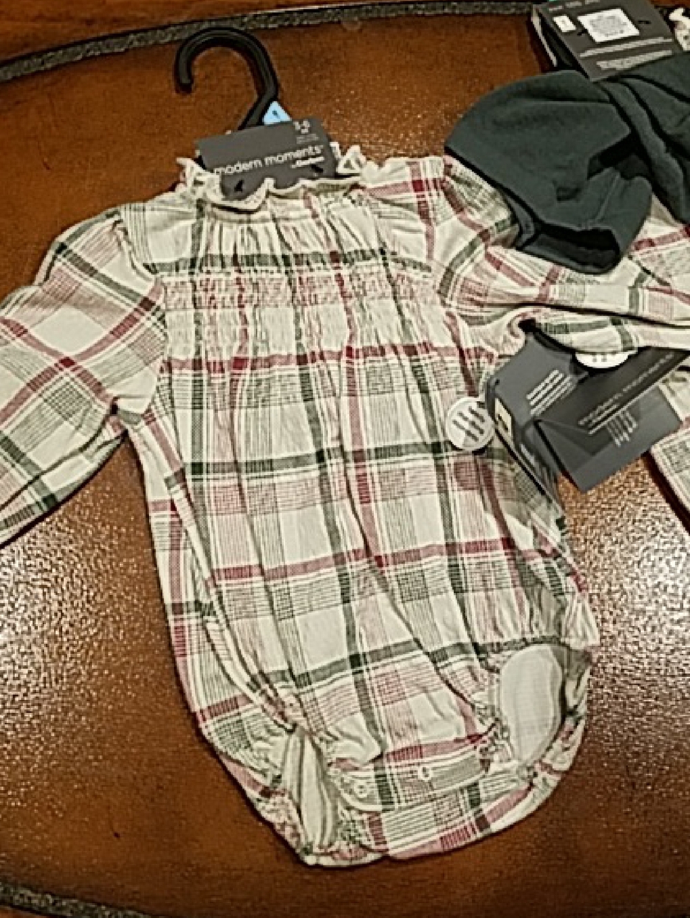 ⌛Modern Moments Plaid Baby Romper & Tights Set  Cream, Green & Red Nice Stretch